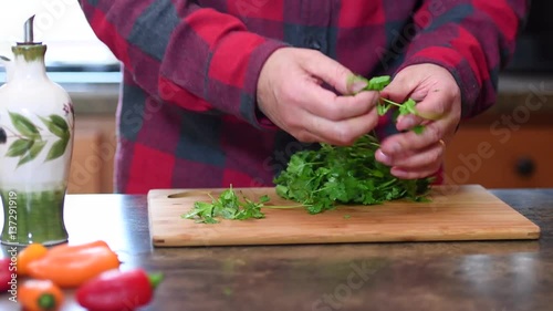 Man Preparing Cilantro