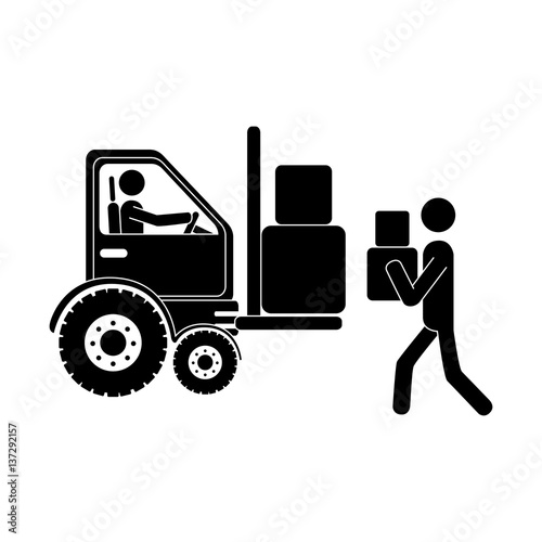 monochrome pictogram with forklift truck with forks and workers vector illustration