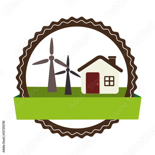 circular landscape with cottage and eolic turbines vector illustration vector illustration