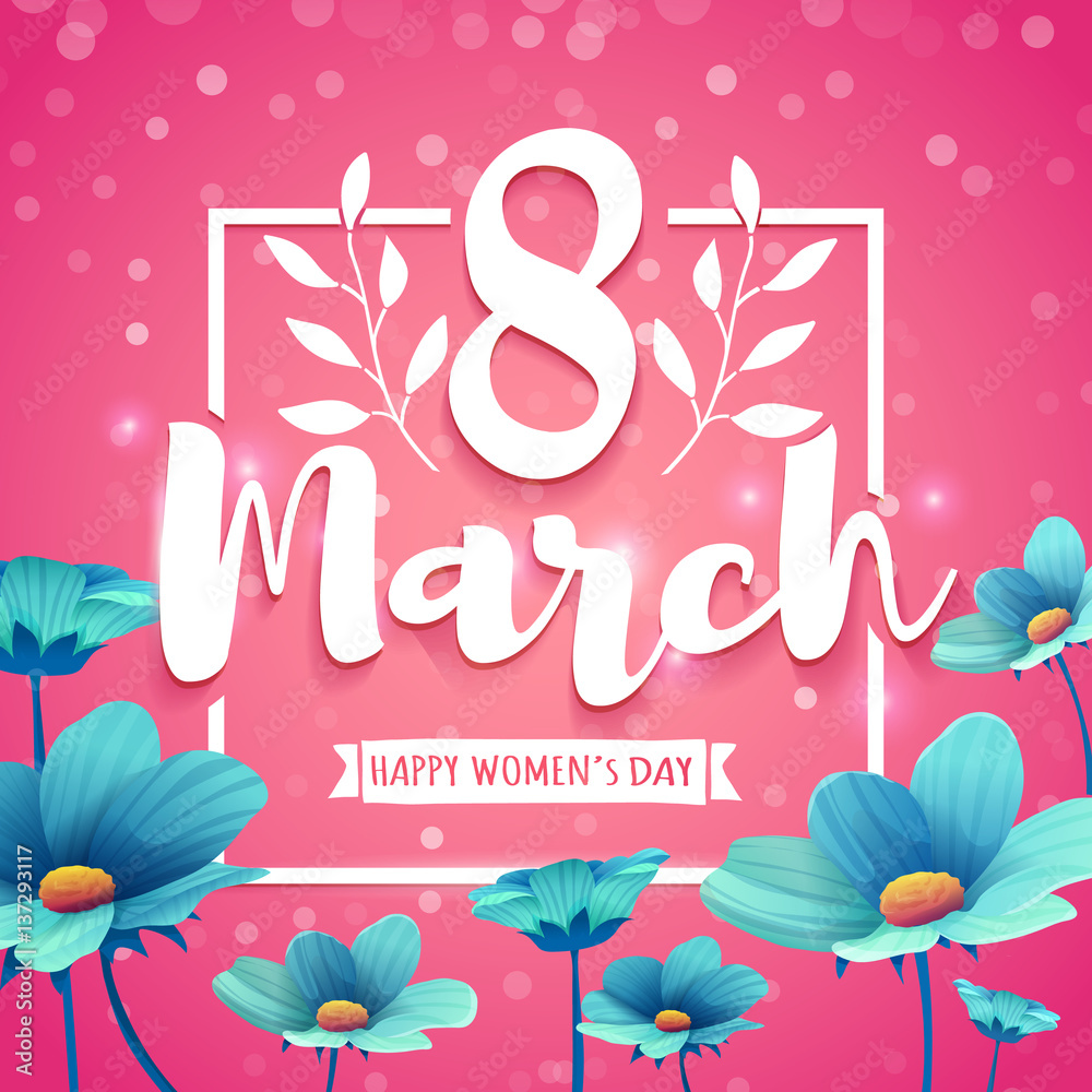 Banner with the logo  for the International Women's Day on pink background. Flyer for March 8 with the decor of flowers. Invitations with square frame and blue flower. Vector