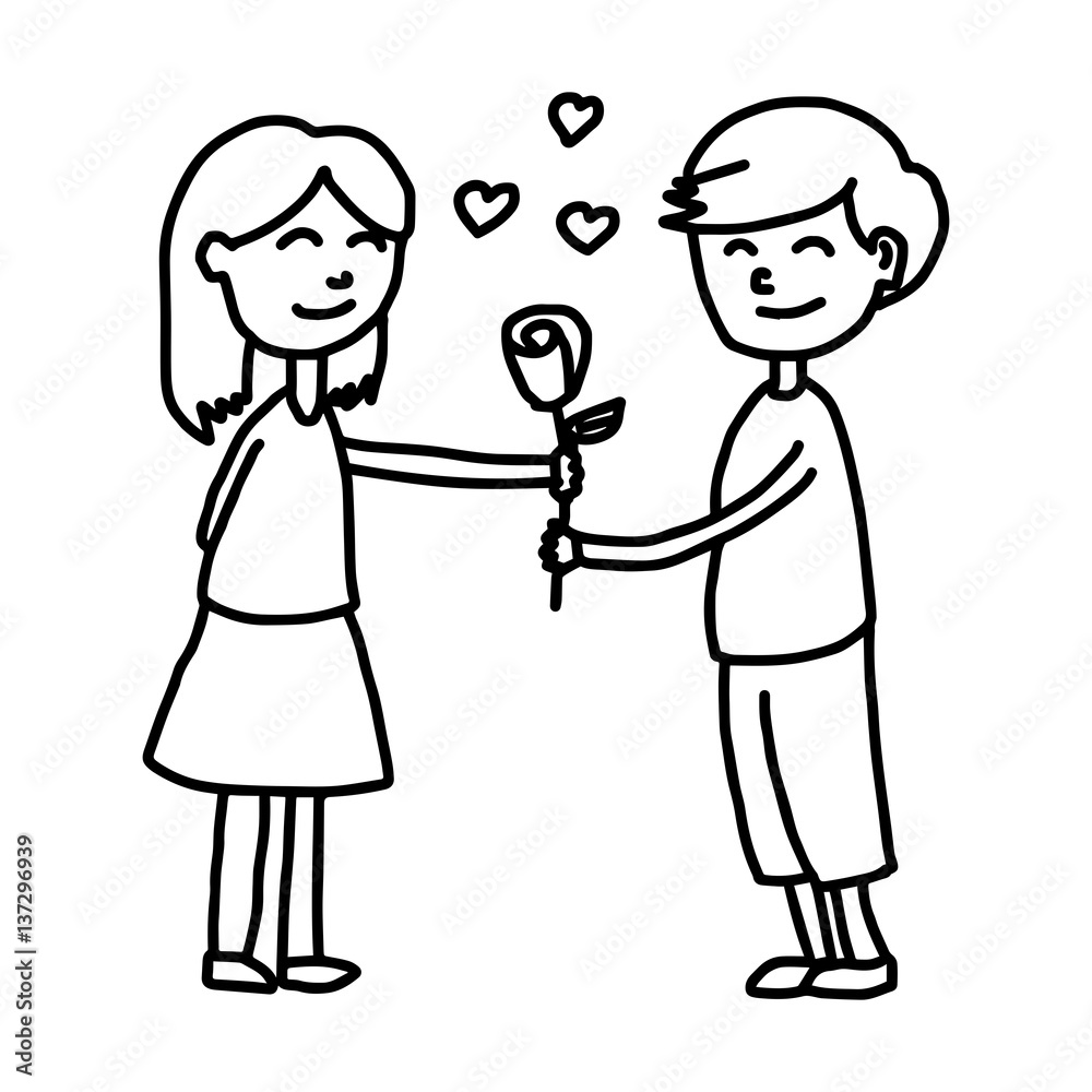 boy giving his girfriend a rose - illustration vector doodle hand drawn, isolated on white background boy giving his girfriend a rose - illustration vector doodle hand drawn, isolated on white background