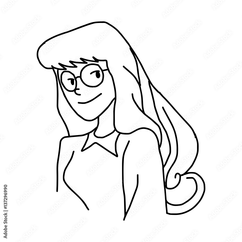 long hair woman with glasses - illustration vector doodle hand drawn, isolated on white background