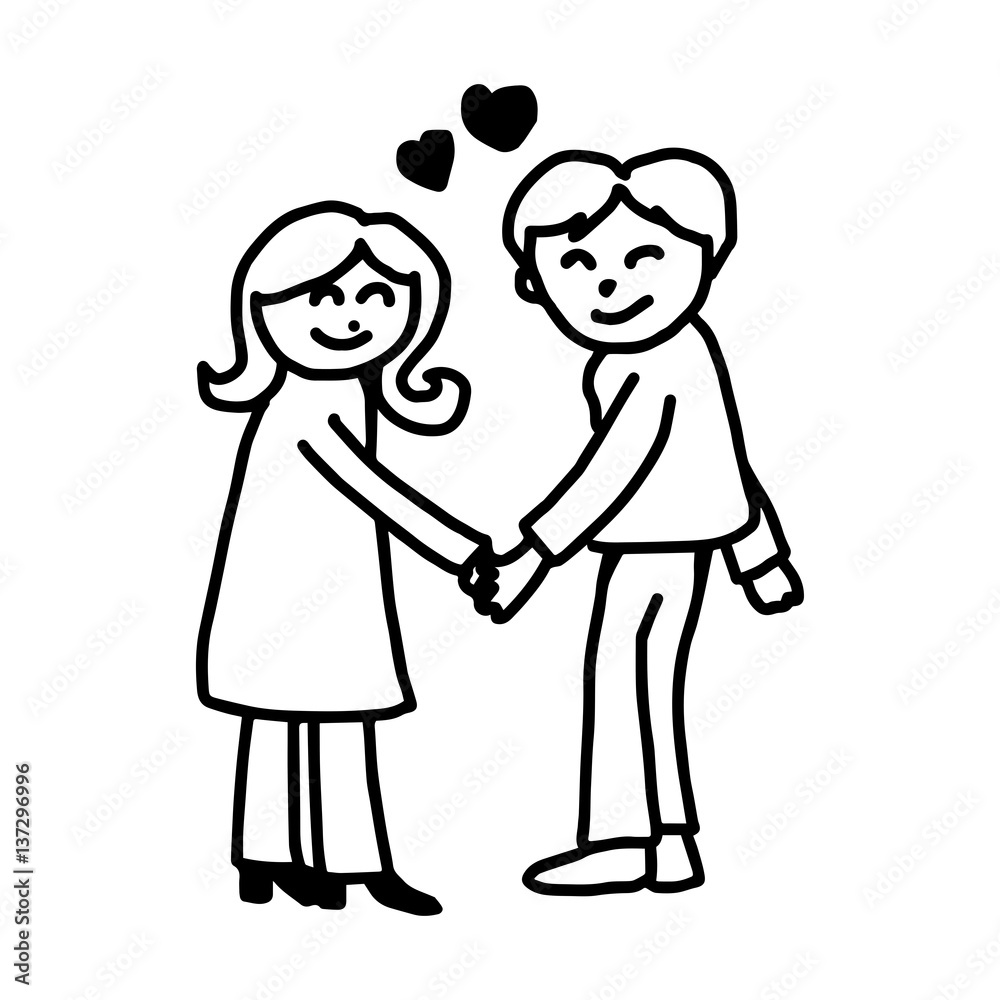 young couple in love holding hands with heart in the middle - illustration vector doodle hand drawn, isolated on white background young couple in love holding hands with heart in the middle - illustration vector doodle hand drawn, isolated on white background