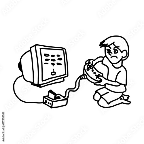 boy playing video game on television - illustration vector doodle hand drawn, isolated on white background