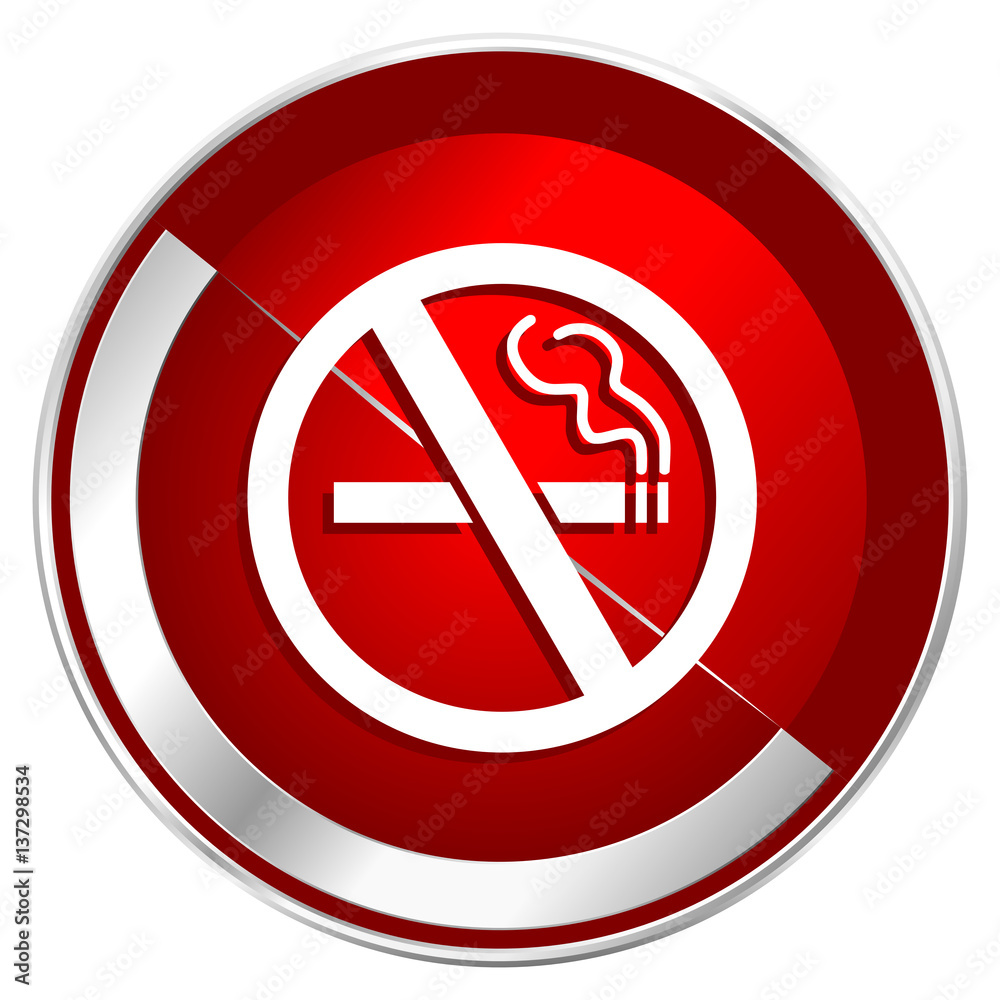 No smoking red web icon. Metal shine silver chrome border round button isolated on white background. Circle modern design abstract sign for smartphone applications. No smoking red web icon. Metal shine silver chrome border round button isolated on white background. Circle modern design abstract sign for smartphone applications.
