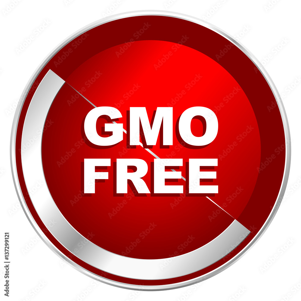 Gmo free red web icon. Metal shine silver chrome border round button isolated on white background. Circle modern design abstract sign for smartphone applications. Gmo free red web icon. Metal shine silver chrome border round button isolated on white background. Circle modern design abstract sign for smartphone applications.