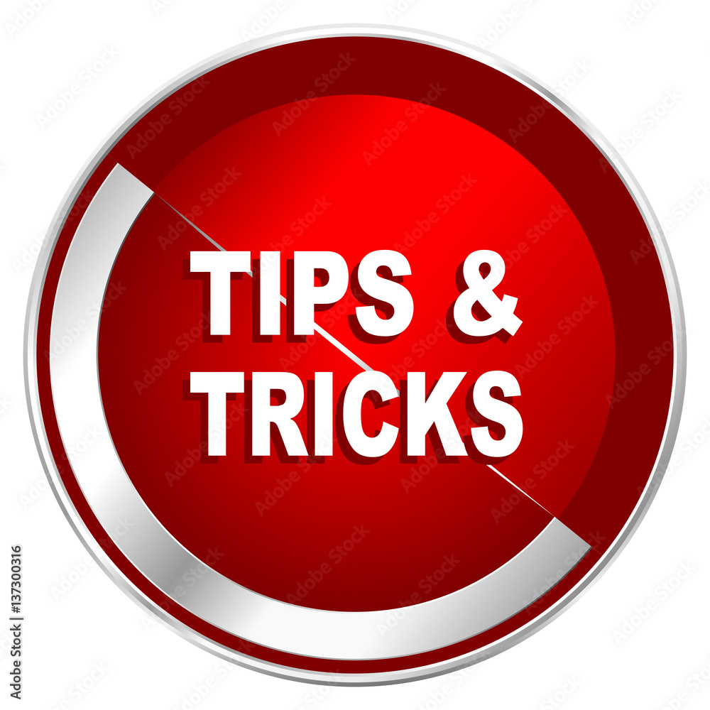 Tips tricks red web icon. Metal shine silver chrome border round button isolated on white background. Circle modern design abstract sign for smartphone applications. Tips tricks red web icon. Metal shine silver chrome border round button isolated on white background. Circle modern design abstract sign for smartphone applications.