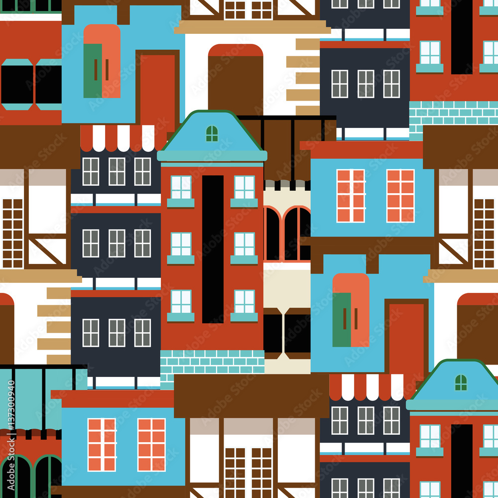Vector old house seamless pattern. Modern cottege panorama. city Germany background for your design. Can be used for card, poster, print. Village texture.
