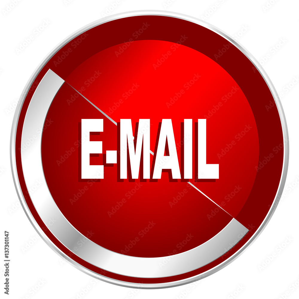Email red web icon. Metal shine silver chrome border round button isolated on white background. Circle modern design abstract sign for smartphone applications. Email red web icon. Metal shine silver chrome border round button isolated on white background. Circle modern design abstract sign for smartphone applications.