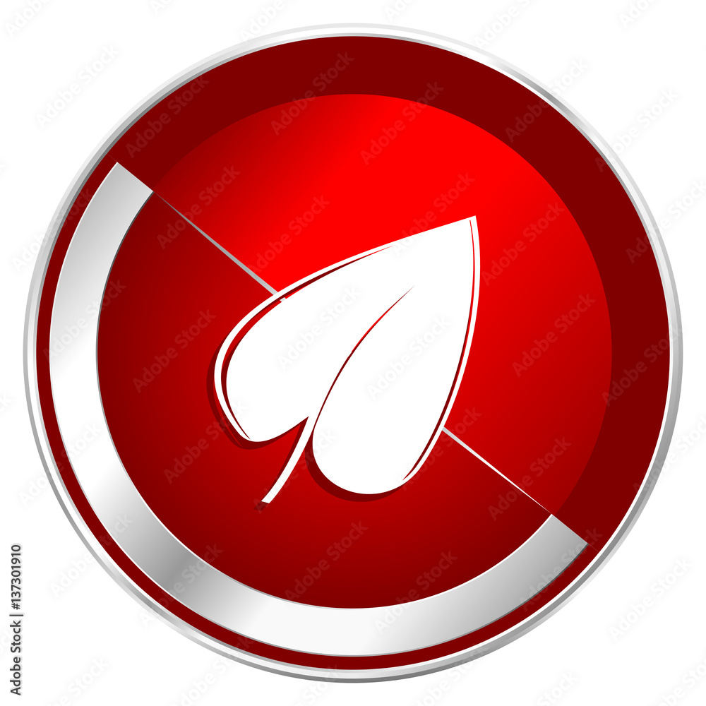 Leaf red web icon. Metal shine silver chrome border round button isolated on white background. Circle modern design abstract sign for smartphone applications. Leaf red web icon. Metal shine silver chrome border round button isolated on white background. Circle modern design abstract sign for smartphone applications.