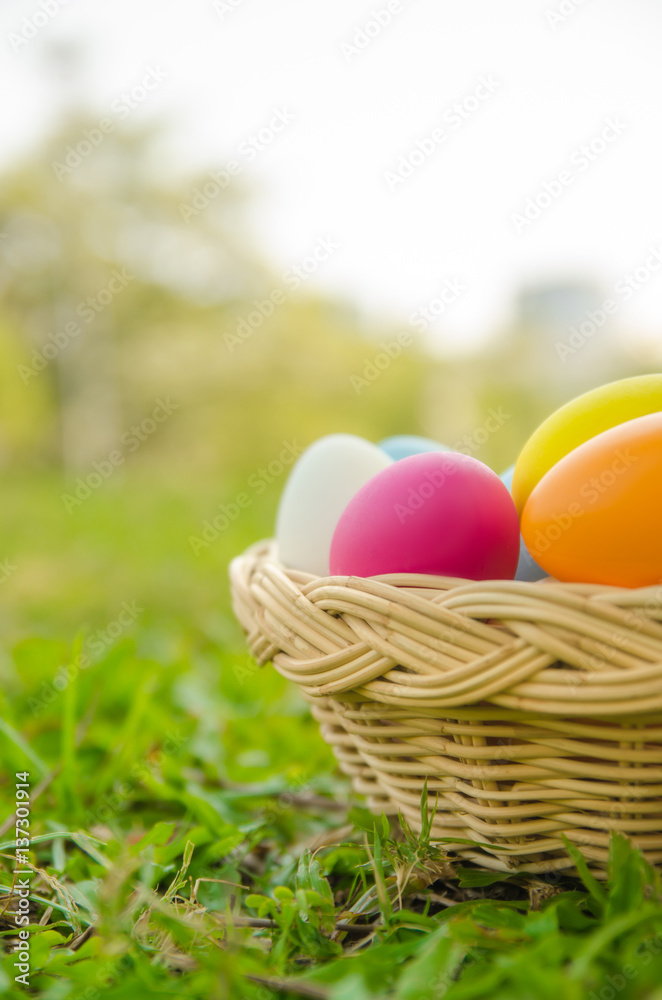 Easter eggs in grass against blurred green background. Spring holidays concept Easter eggs in grass against blurred green background. Spring holidays concept