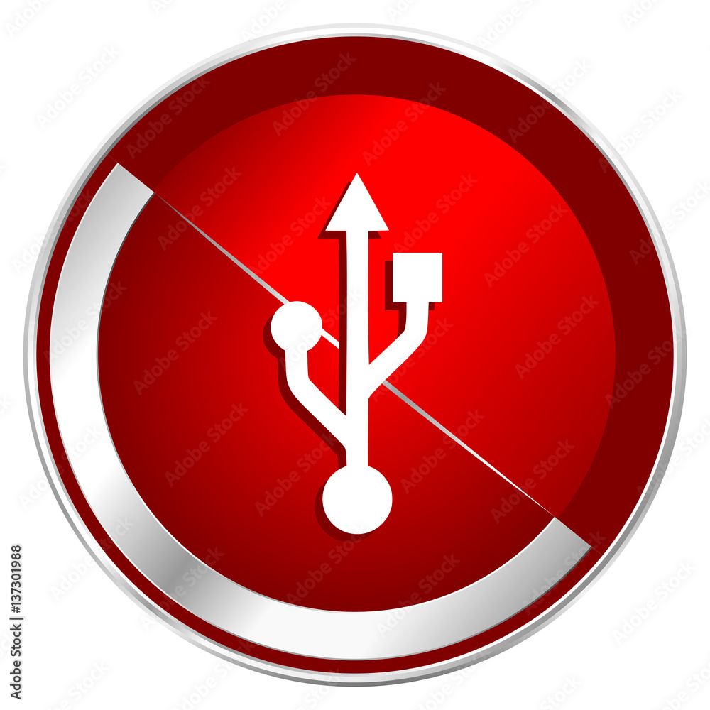 Usb red web icon. Metal shine silver chrome border round button isolated on white background. Circle modern design abstract sign for smartphone applications.