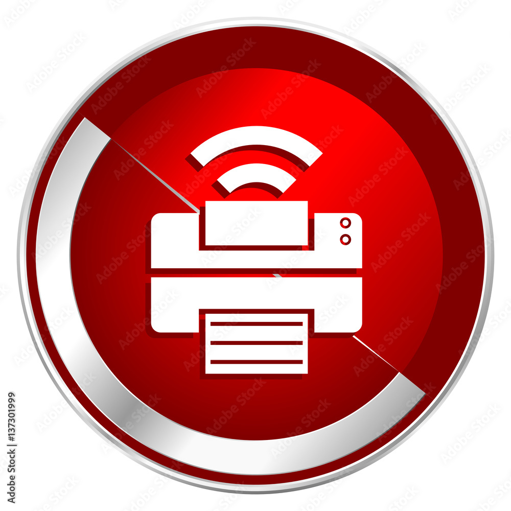 Printer red web icon. Metal shine silver chrome border round button isolated on white background. Circle modern design abstract sign for smartphone applications. Printer red web icon. Metal shine silver chrome border round button isolated on white background. Circle modern design abstract sign for smartphone applications.