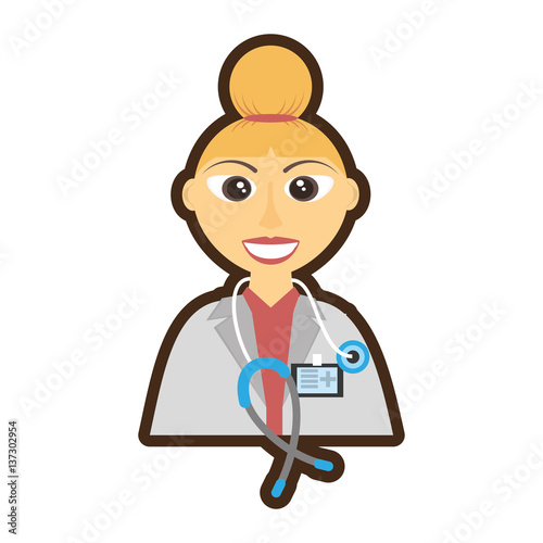 doctor female bun hair stethoscope and id card vector illustration eps 10