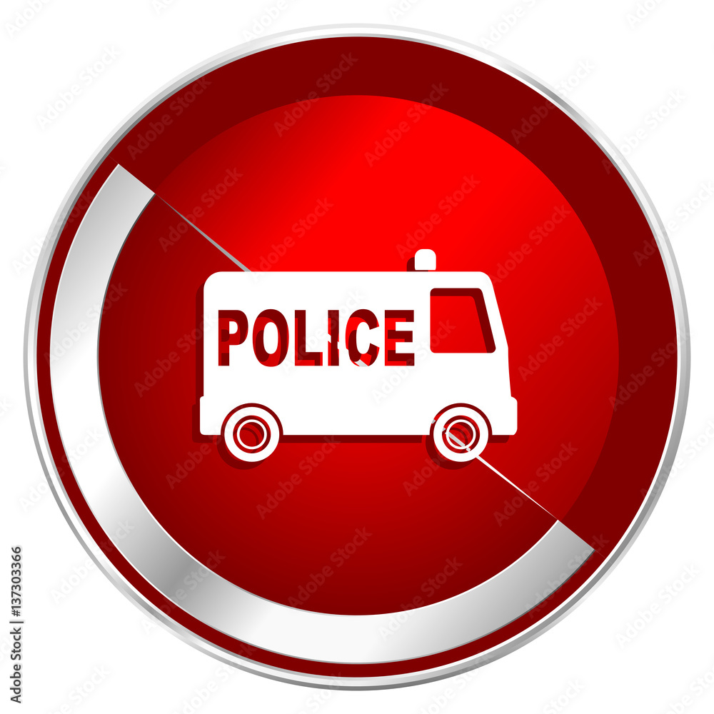 Police red web icon. Metal shine silver chrome border round button isolated on white background. Circle modern design abstract sign for smartphone applications. Police red web icon. Metal shine silver chrome border round button isolated on white background. Circle modern design abstract sign for smartphone applications.