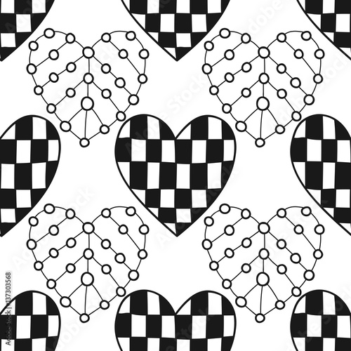 Black and white seamless pattern with decorative hearts for coloring book, page. Romantic ornament.