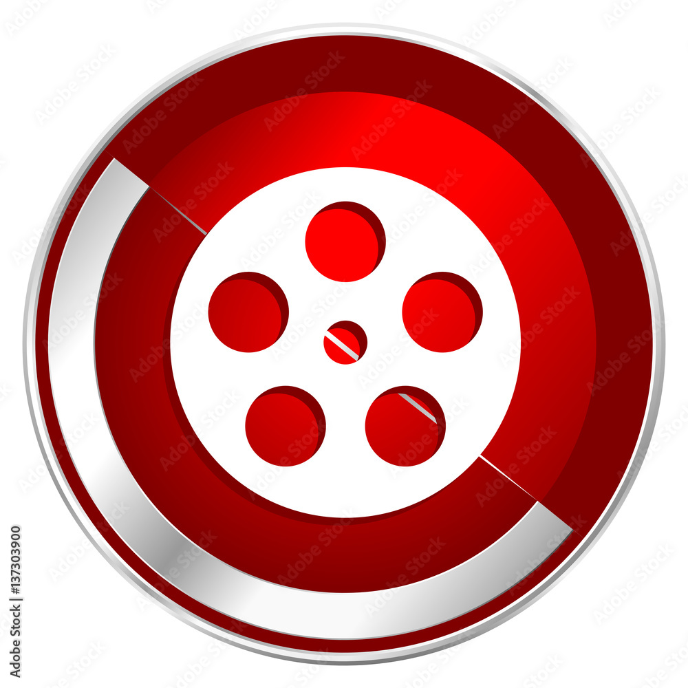 Film red web icon. Metal shine silver chrome border round button isolated on white background. Circle modern design abstract sign for smartphone applications.