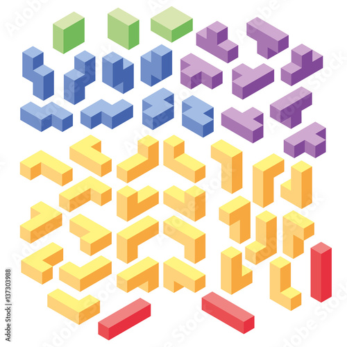 set of color tetris blocks, isometric illustration