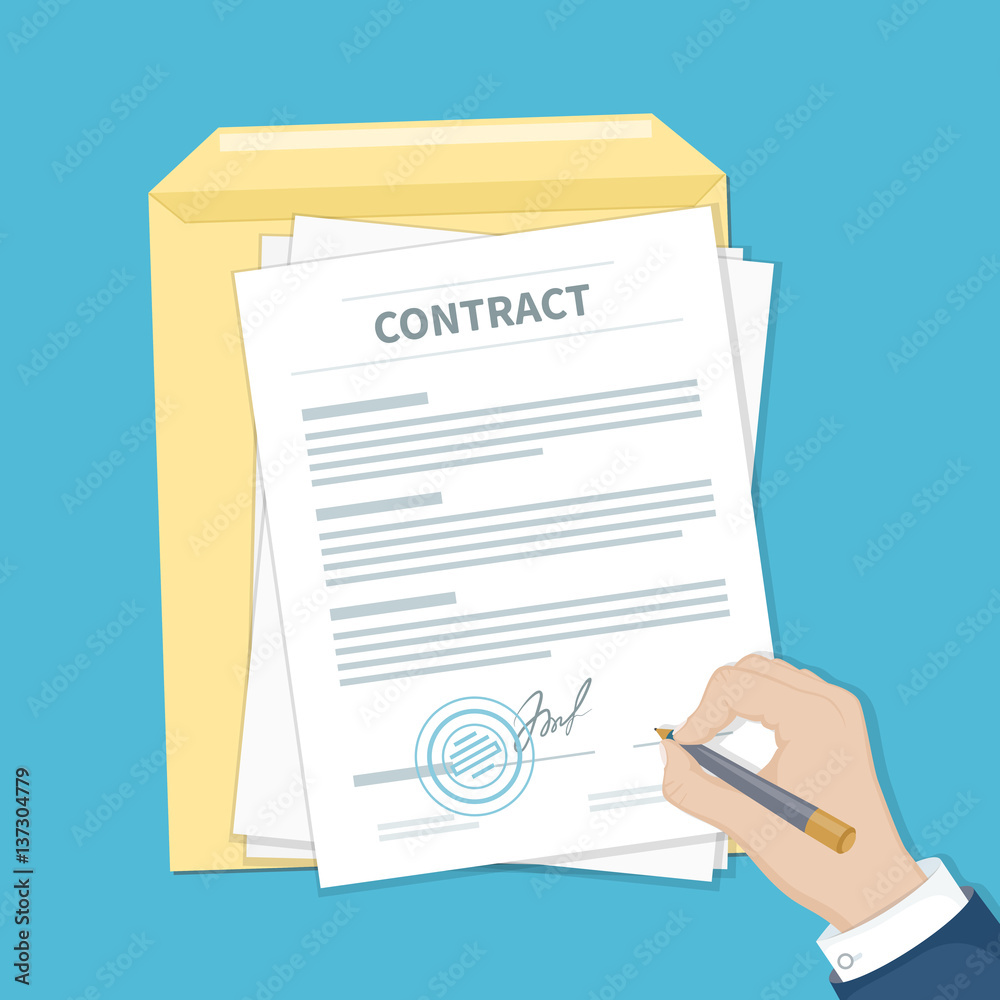 Businessman signing a contract. Man hand with pen, document and envelope. The process of business financial agreement. Document with a signature and a stamp. Vector illustration top view Businessman signing a contract. Man hand with pen, document and envelope. The process of business financial agreement. Document with a signature and a stamp. Vector illustration top view
