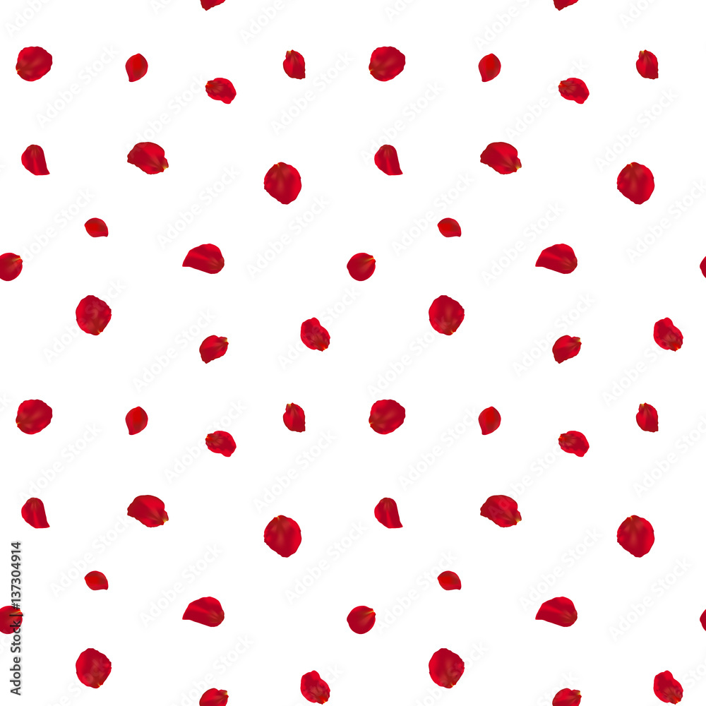 Background with red rose petals. Eps 10 vector. Seamless pattern with red flower petals against white background. Valentines day background.