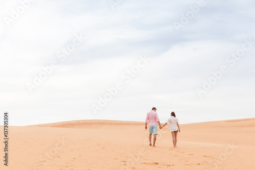 Young Man Woman Walking In Desert Couple Girl And Man Hold Hands Back Rear View Sand Dune Landscape Background