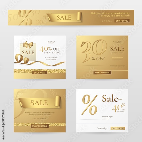 Set of elegant sale banners with golden bow, ribbon and paper shopping bag. Vector template for website with gold and white background. Isolated from the background.