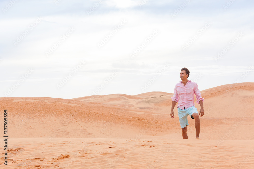 Handsome Man In Desert Young Guy Sand Dune Landscape Background