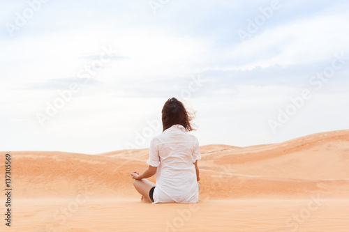 Woman In Desert Sitting Lotus Pose Young Girl Meditating
