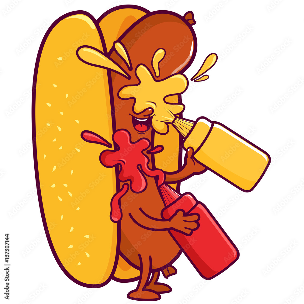 Cartoon hot dog splashing itself with mustard and ketchup. Vector