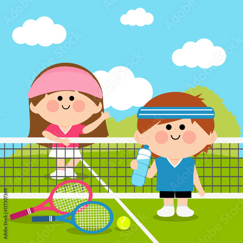 Tennis players children taking a break from the game. Vector illustration	