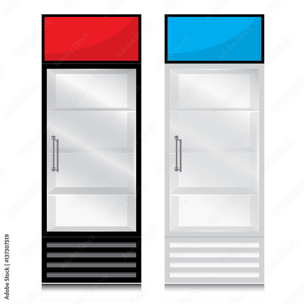 Glass door fridge with door handle open on the right. Glass door fridge Black, White and sign on white background. Glass door fridge with door handle open on the right. Glass door fridge Black, White and sign on white background.