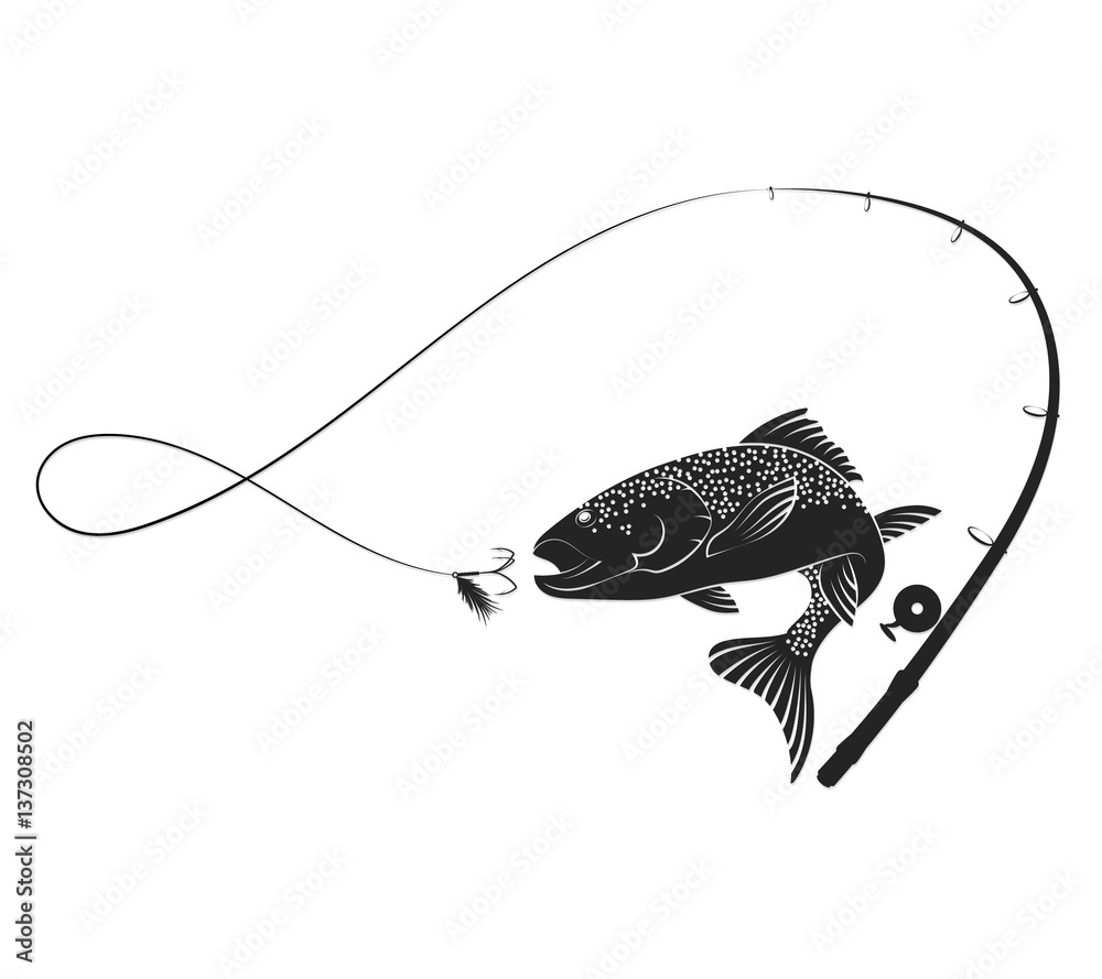 Naklejka premium Fish and fishing rod silhouette