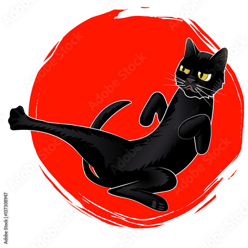 Vector Cute Karate Black Cat on Red Sun logo