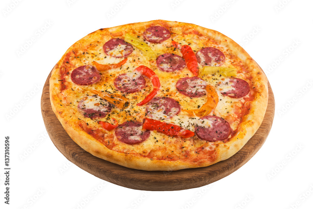 spicy pizza with salami and red peppers spicy pizza with salami and red peppers