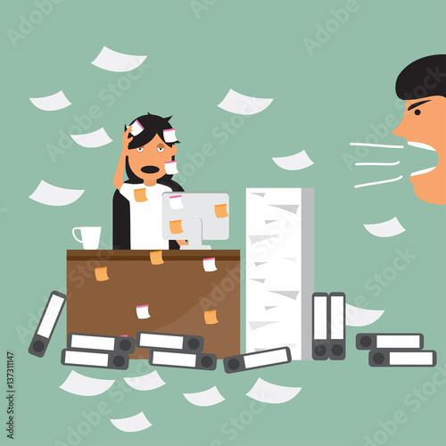 Business woman and busy working hard in the office of her boss to damn with her. time management and deadline concept vector illustration.