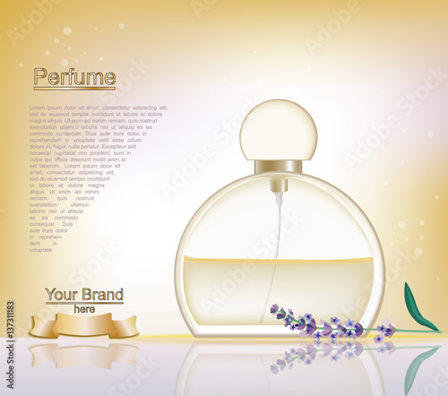 Lavender Perfume bottle Cosmetic ads template, droplet bottle mock up isolated on dazzling blue background. Place for brand text. Glamorous fragrance sparkling effects. Vector illustration