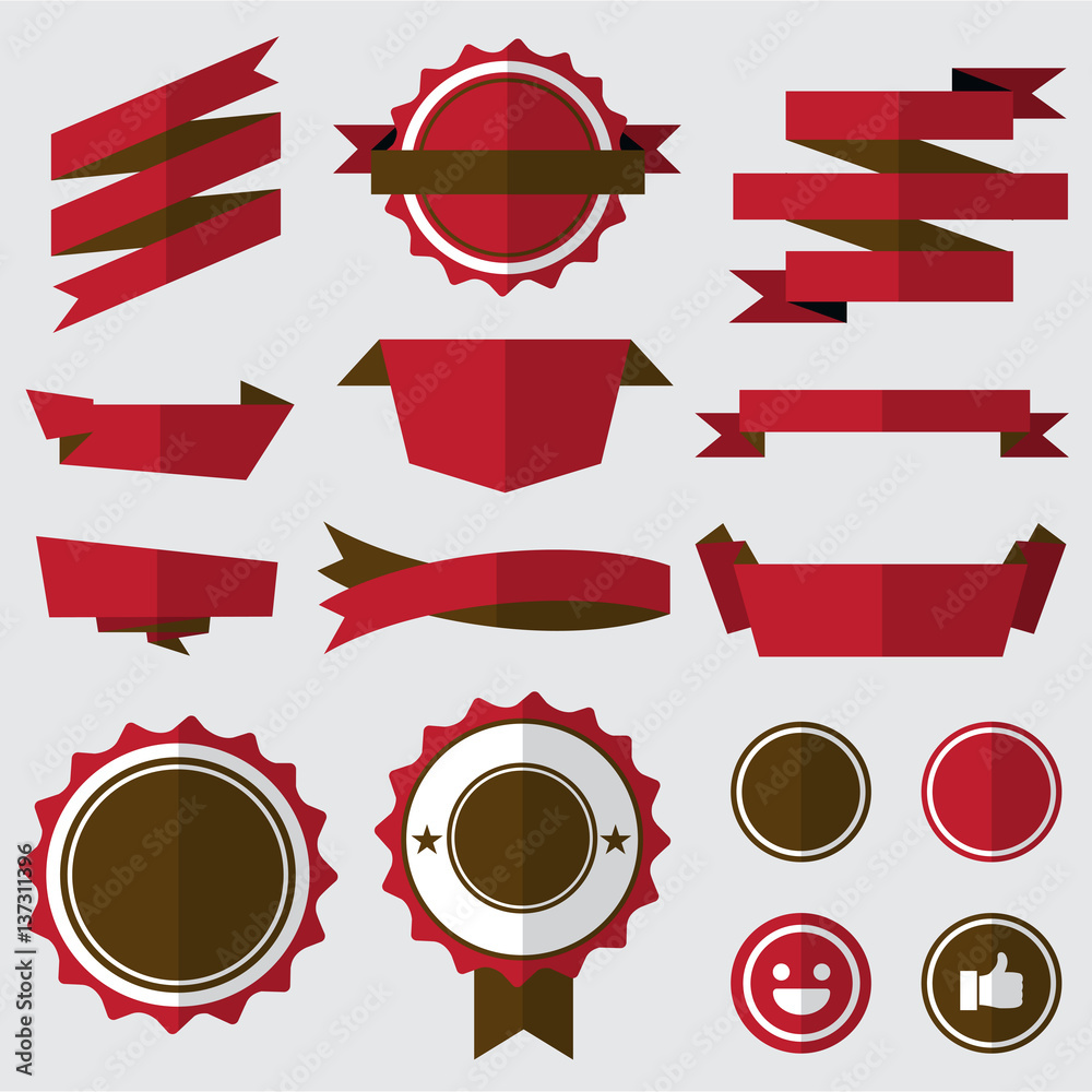 set of red badges , labels and ribbons. flat design concept. branding and sale decoration. vector illustration. set of red badges , labels and ribbons. flat design concept. branding and sale decoration. vector illustration.