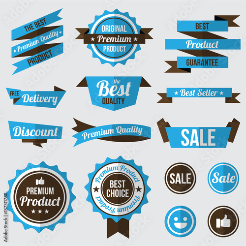 set of blue badges , labels and ribbons. flat design concept. branding and sale decoration. vector illustration.