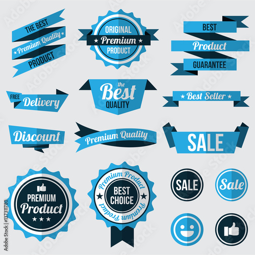 set of blue badges , labels and ribbons. flat design concept. branding and sale decoration. vector illustration.