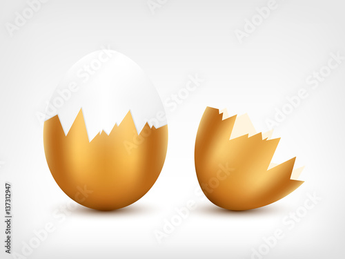Broken egg with golden cracked shell vector illustration