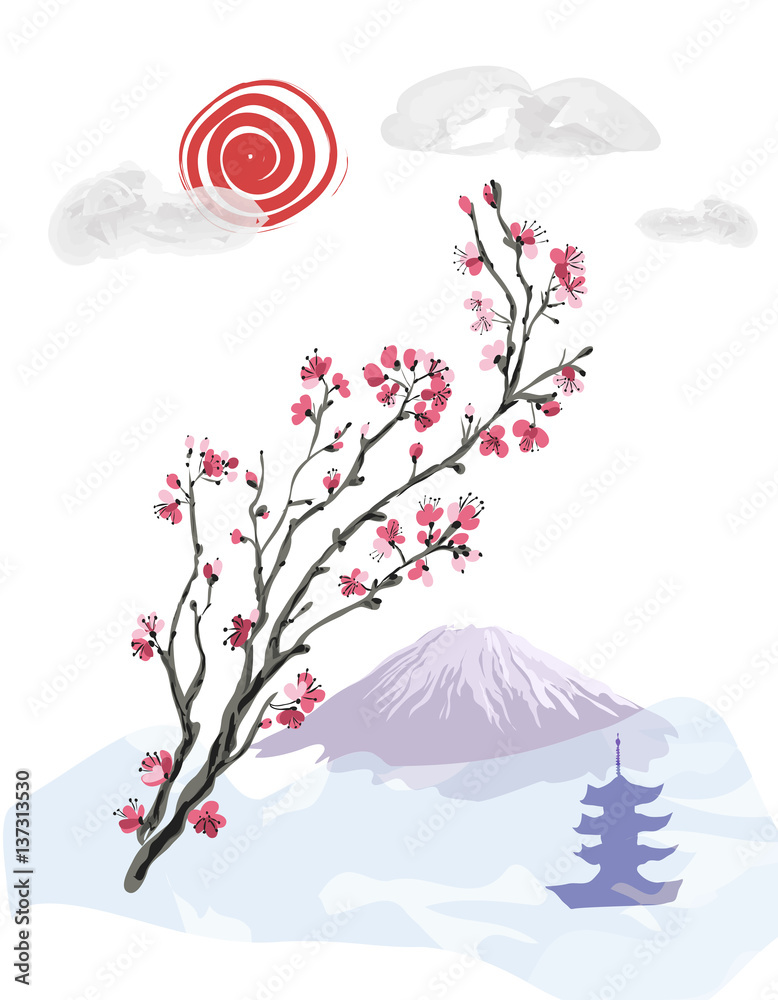Fototapeta premium Realistic Sakura Blossom - Japanese Cherry Tree. Artistic Branch Plum Blossom.