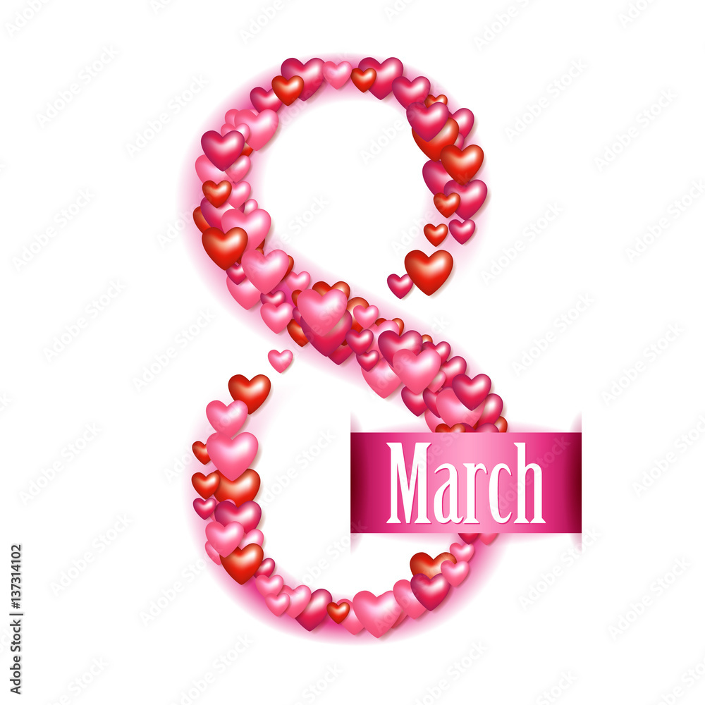 8 march women's day greeting card. Hearts and ribbon. 8 march women's day greeting card. Hearts and ribbon.