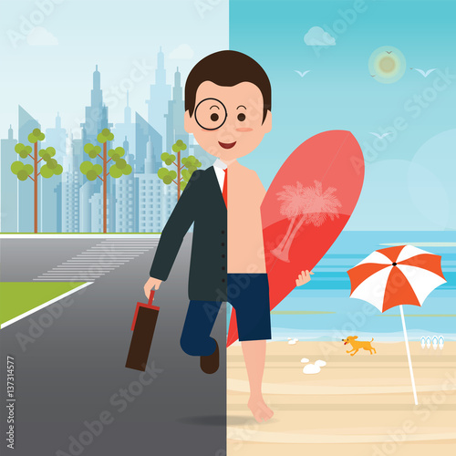 Businessman in suit on city view and on the beach with a surfboard.