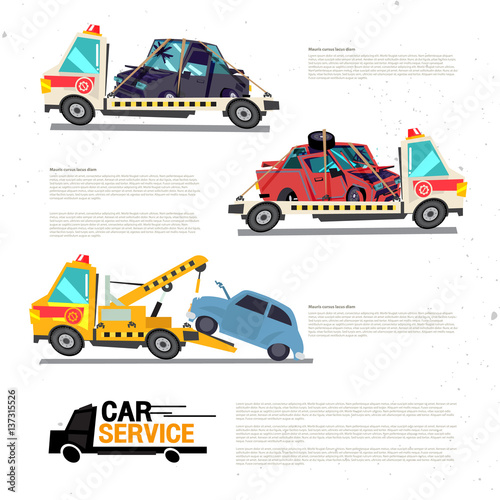 Crane towing truck with broken or damage car. Car repair service  - vector
