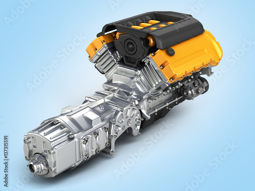 Fototapeta Naklejka Na Ścianę i Meble -  Automotive engine gearbox assembly on blue gradient background 3D illustration