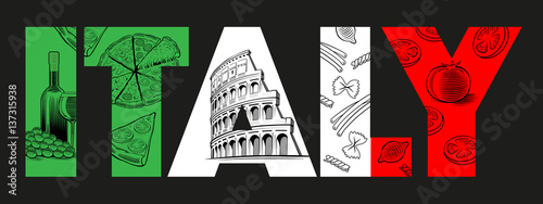italian flag with typical food, pizza, pasta, wine, tomato and Roma Colosseum