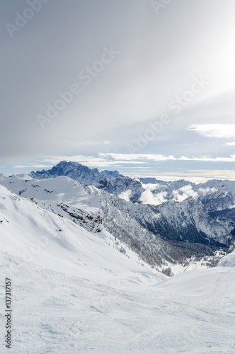 Cloudy view of Dolomites near Val di Fassa, Trentino-Alto-Adige region, Italy. © Neonyn