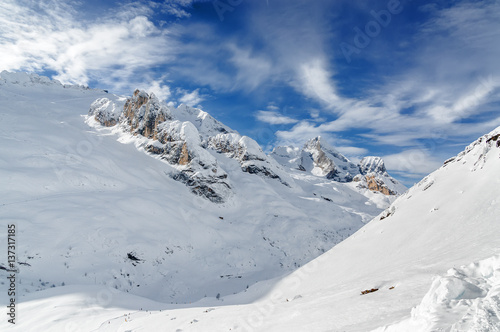 Cloudy view of Dolomites near Val di Fassa, Trentino-Alto-Adige region, Italy.
