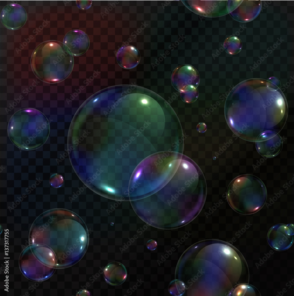 Vector seamless pattern of realistic soap bubbles on the transparent background.