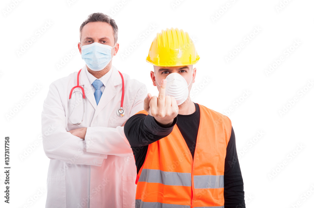 Angry doctor and constructor showing obscene gesture Angry doctor and constructor showing obscene gesture